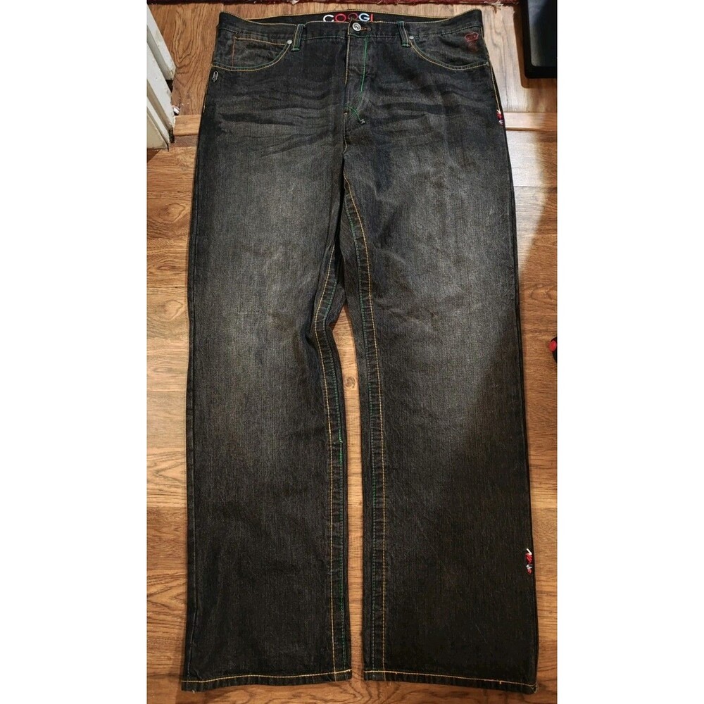 Vtg Y2K COOGI Embroidered Logo Gray Denim Jeans Men 42x35 Baggy Hip Hop